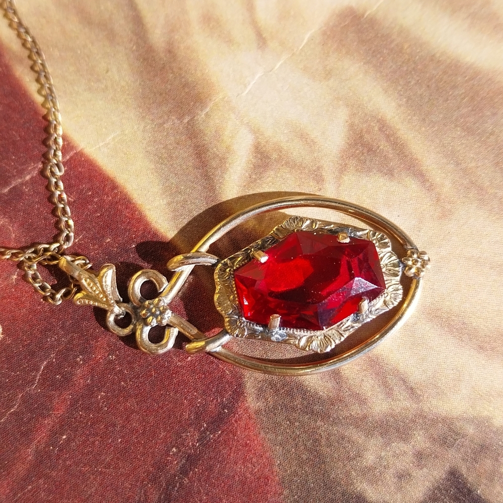 Gold Filled and Red Pendant Necklace - Picture 12 of 15